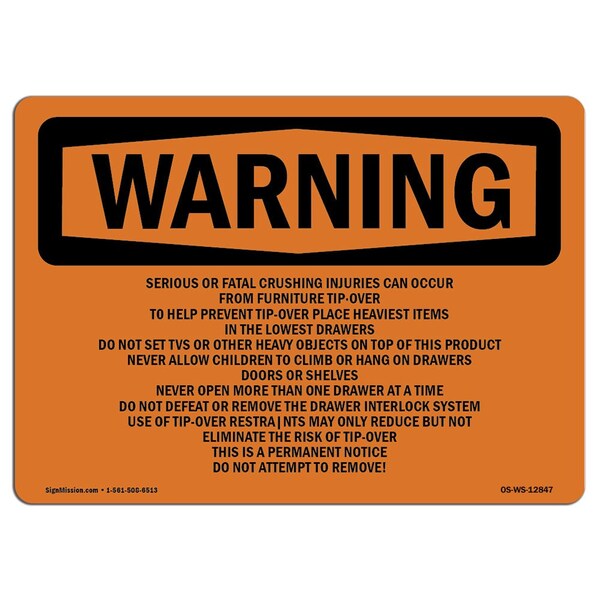 OSHA, Tip-Over Hazard Do Not Attempt To Remove, 5in X 3.5in, 10PK, 3.5" W, 5" L, Landscape, PK10
